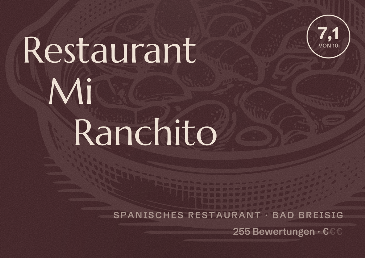 Illustriertes Poster von Restaurant Mi Ranchito, Spanisches Restaurant in Bad Breisig: Bewertung 7,1 von 10 aus 255 Bewertungen, Preisniveau €