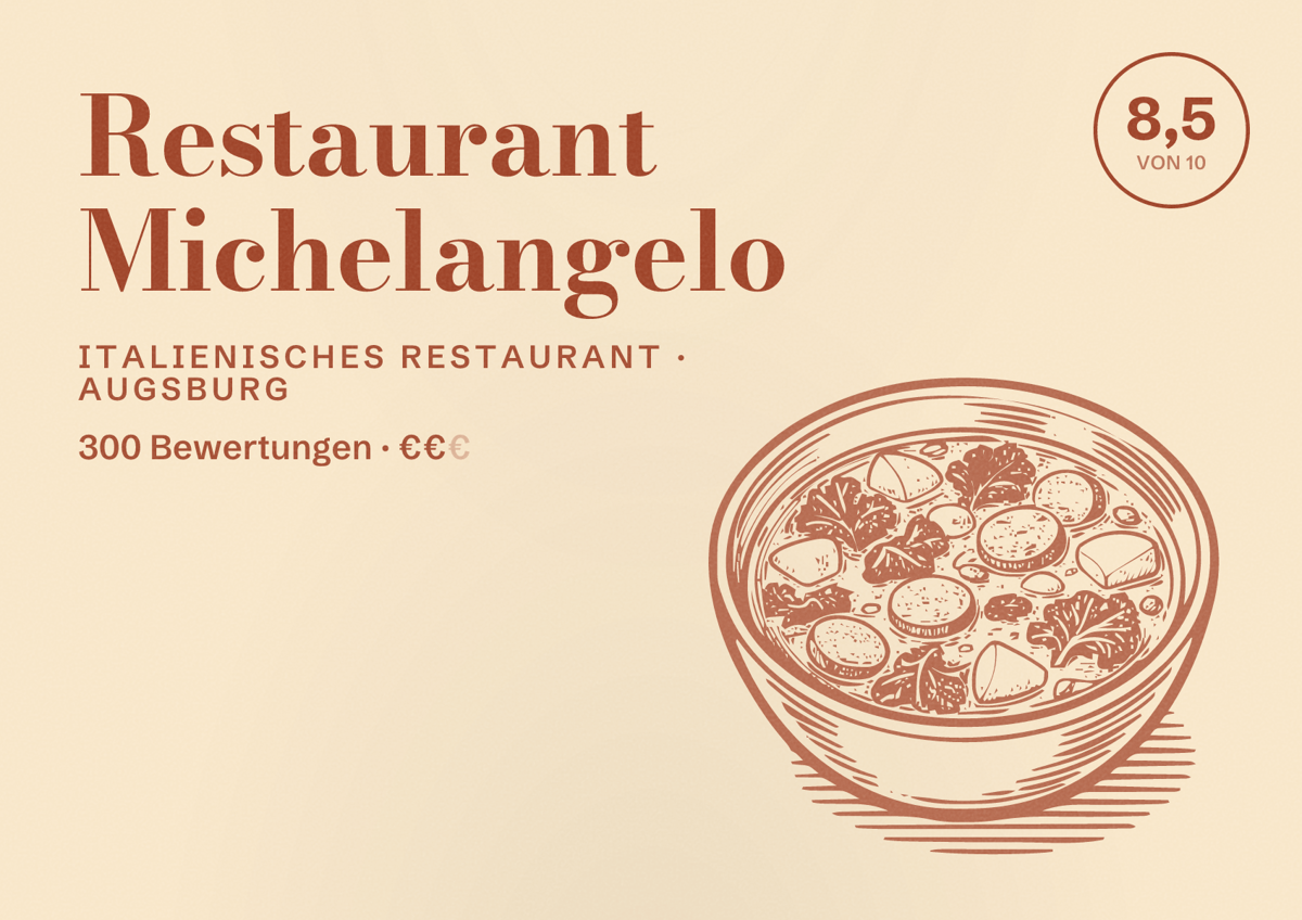 Illustriertes Poster von Restaurant Michelangelo, Italienisches Restaurant in Augsburg: Bewertung 8,5 von 10 aus 300 Bewertungen, Preisniveau €€