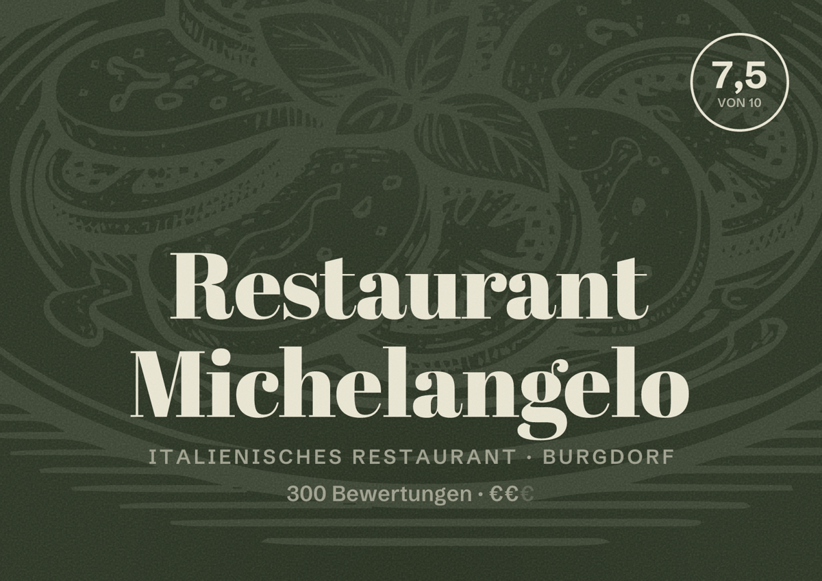 Illustriertes Poster von Restaurant Michelangelo, Italienisches Restaurant in Burgdorf: Bewertung 7,5 von 10 aus 300 Bewertungen, Preisniveau €€
