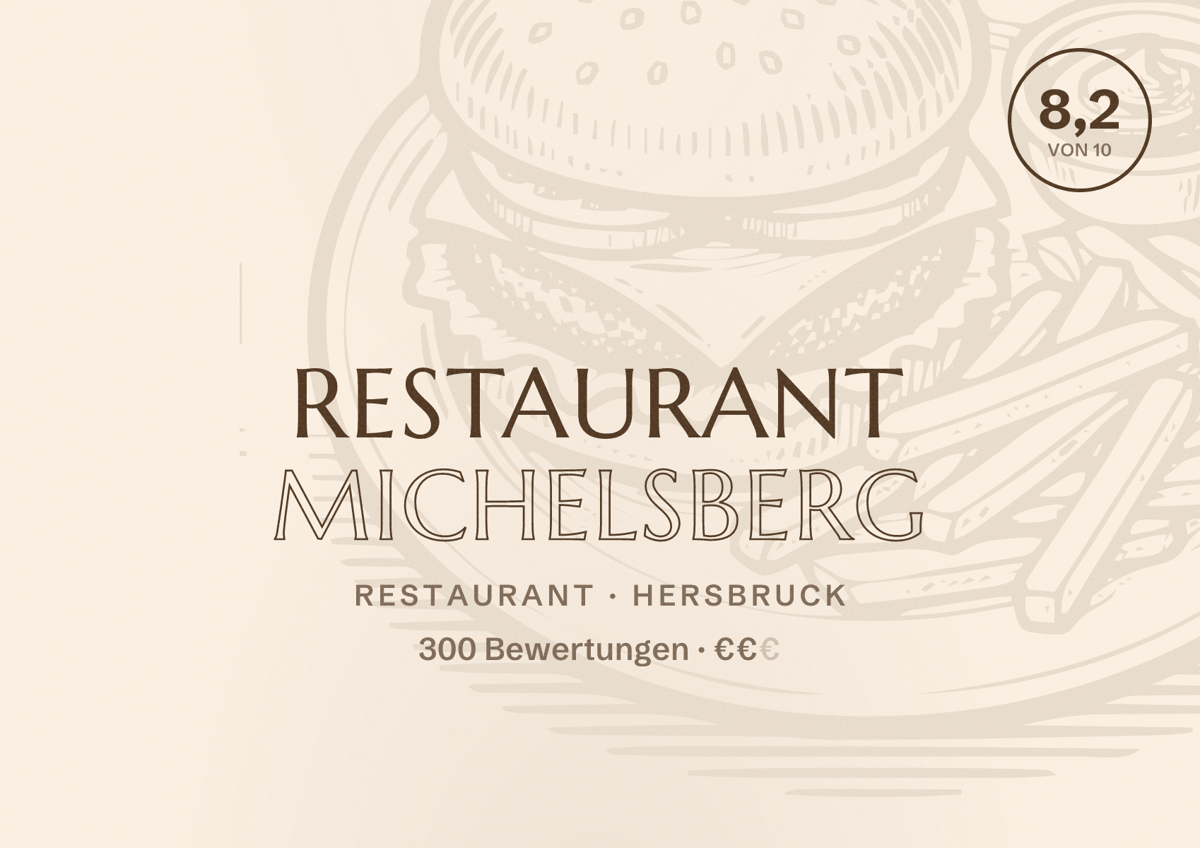 Illustriertes Poster von Restaurant Michelsberg, Restaurant in Hersbruck: Bewertung 8,2 von 10 aus 300 Bewertungen, Preisniveau €€