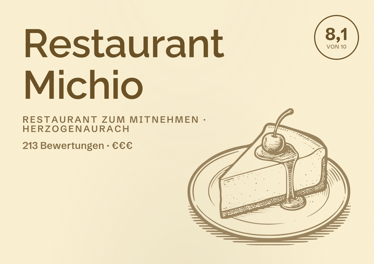 Illustriertes Poster von Restaurant Michio, Restaurant zum Mitnehmen in Herzogenaurach: Bewertung 8,1 von 10 aus 213 Bewertungen, Preisniveau €€€