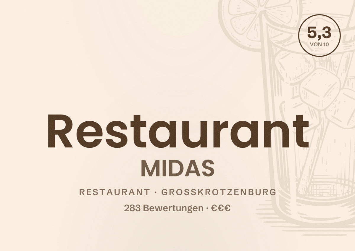 Illustriertes Poster von Restaurant MIDAS, Restaurant in Großkrotzenburg: Bewertung 5,3 von 10 aus 283 Bewertungen, Preisniveau €€€