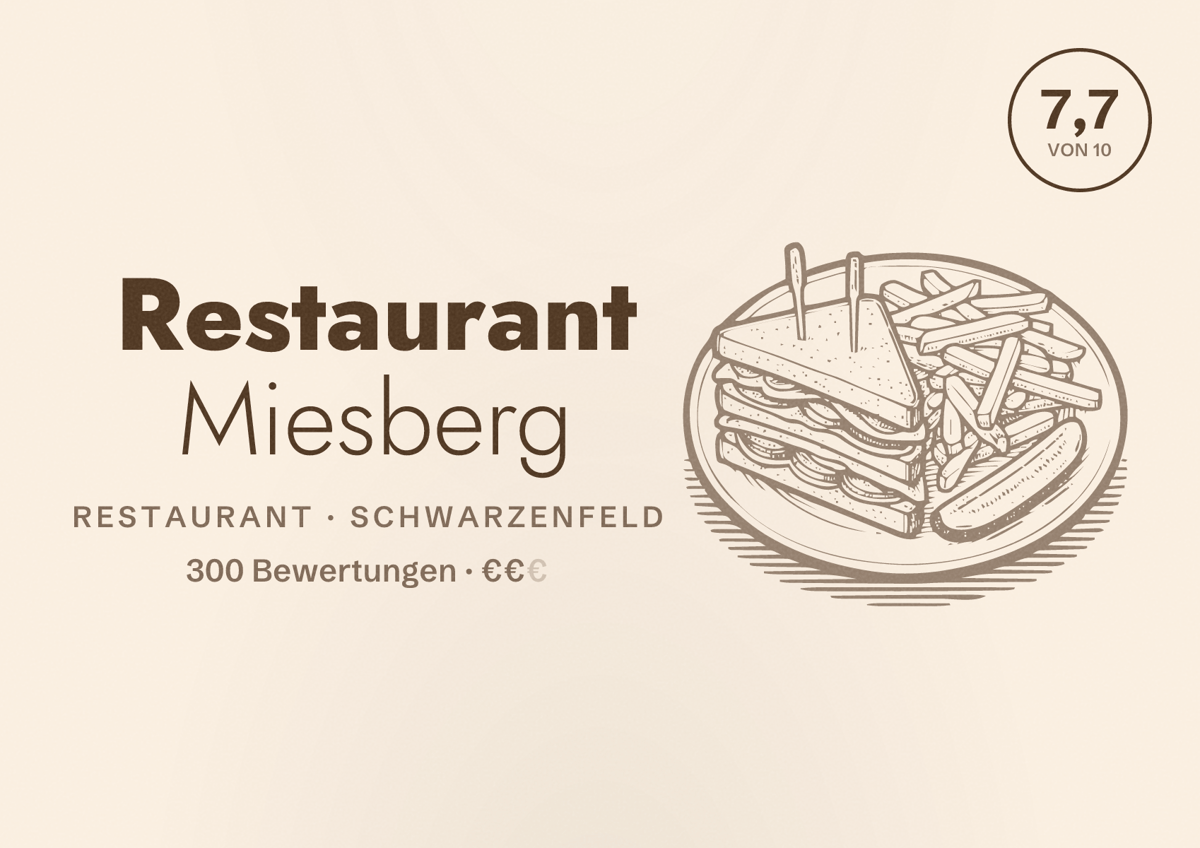 Illustriertes Poster von Restaurant Miesberg, Restaurant in Schwarzenfeld: Bewertung 7,7 von 10 aus 300 Bewertungen, Preisniveau €€