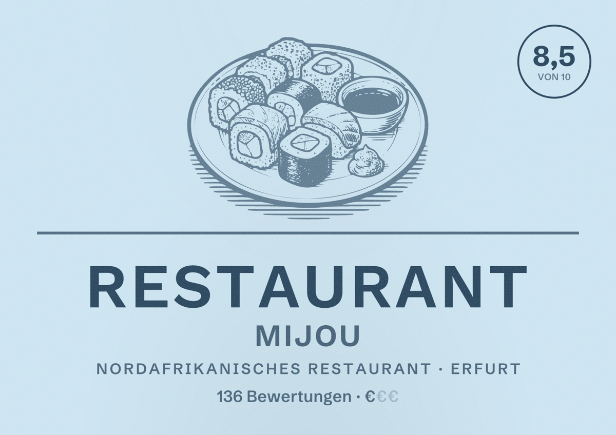 Illustriertes Poster von Restaurant Mijou, Nordafrikanisches Restaurant in Erfurt: Bewertung 8,5 von 10 aus 136 Bewertungen, Preisniveau €