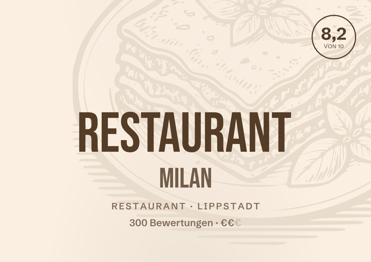Illustriertes Poster von Restaurant Milan, Restaurant in Lippstadt: Bewertung 8,2 von 10 aus 300 Bewertungen, Preisniveau €€