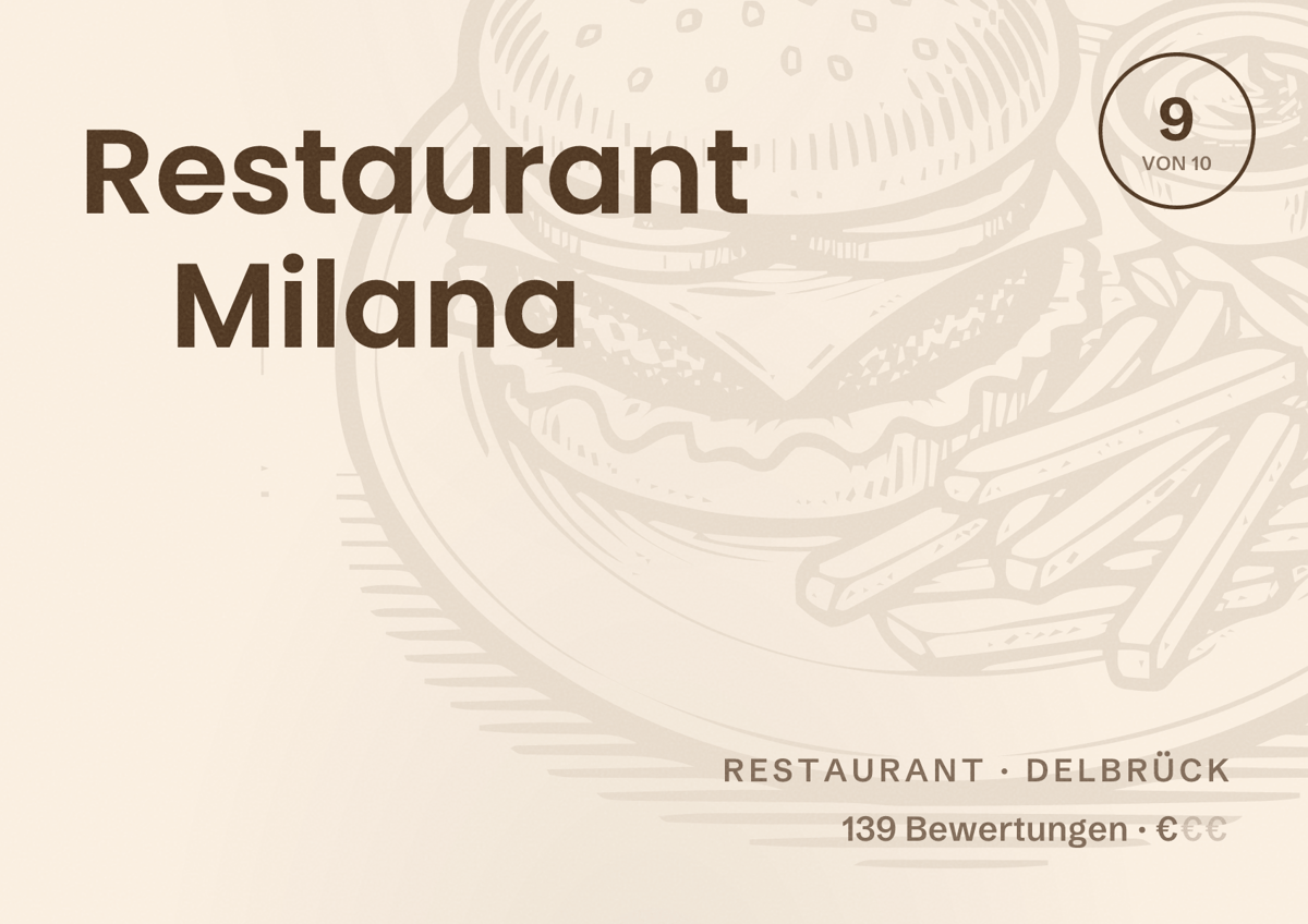 Illustriertes Poster von Restaurant Milana, Restaurant in Delbrück: Bewertung 9 von 10 aus 139 Bewertungen, Preisniveau €