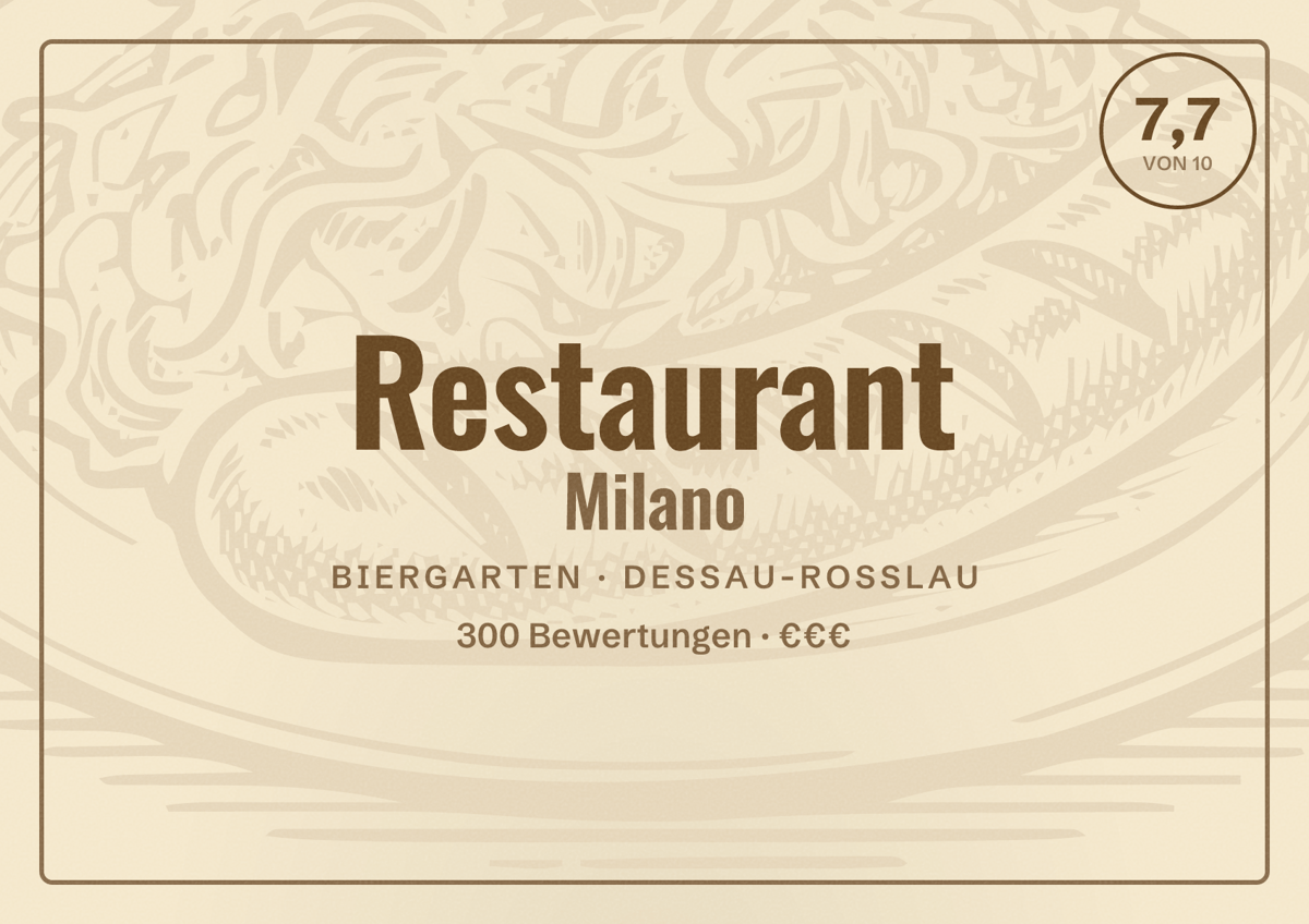 Illustriertes Poster von Restaurant Milano, Biergarten in Dessau-Roßlau: Bewertung 7,7 von 10 aus 300 Bewertungen, Preisniveau €€€