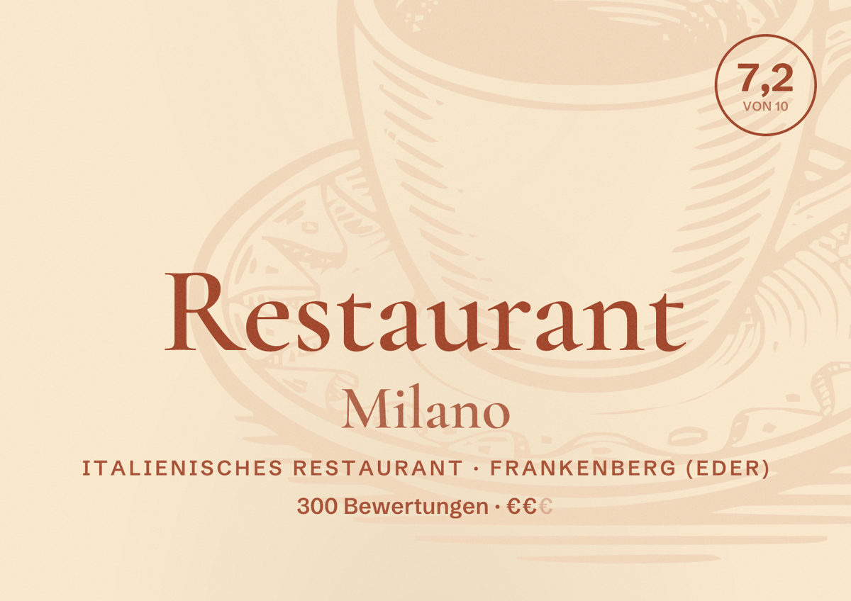 Illustriertes Poster von Restaurant Milano, Italienisches Restaurant in Frankenberg (Eder): Bewertung 7,2 von 10 aus 300 Bewertungen, Preisniveau €€