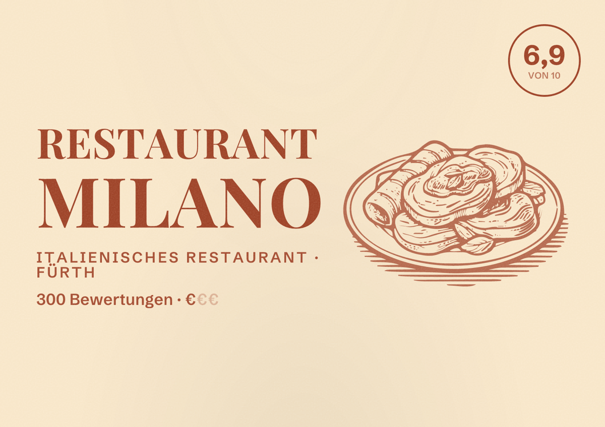 Illustriertes Poster von Restaurant Milano, Italienisches Restaurant in Fürth: Bewertung 6,9 von 10 aus 300 Bewertungen, Preisniveau €