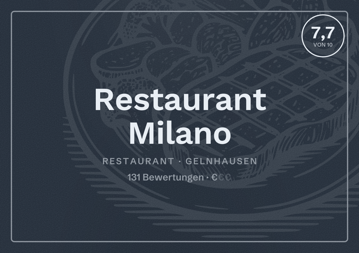Illustriertes Poster von Restaurant Milano, Restaurant in Gelnhausen: Bewertung 7,7 von 10 aus 131 Bewertungen, Preisniveau €