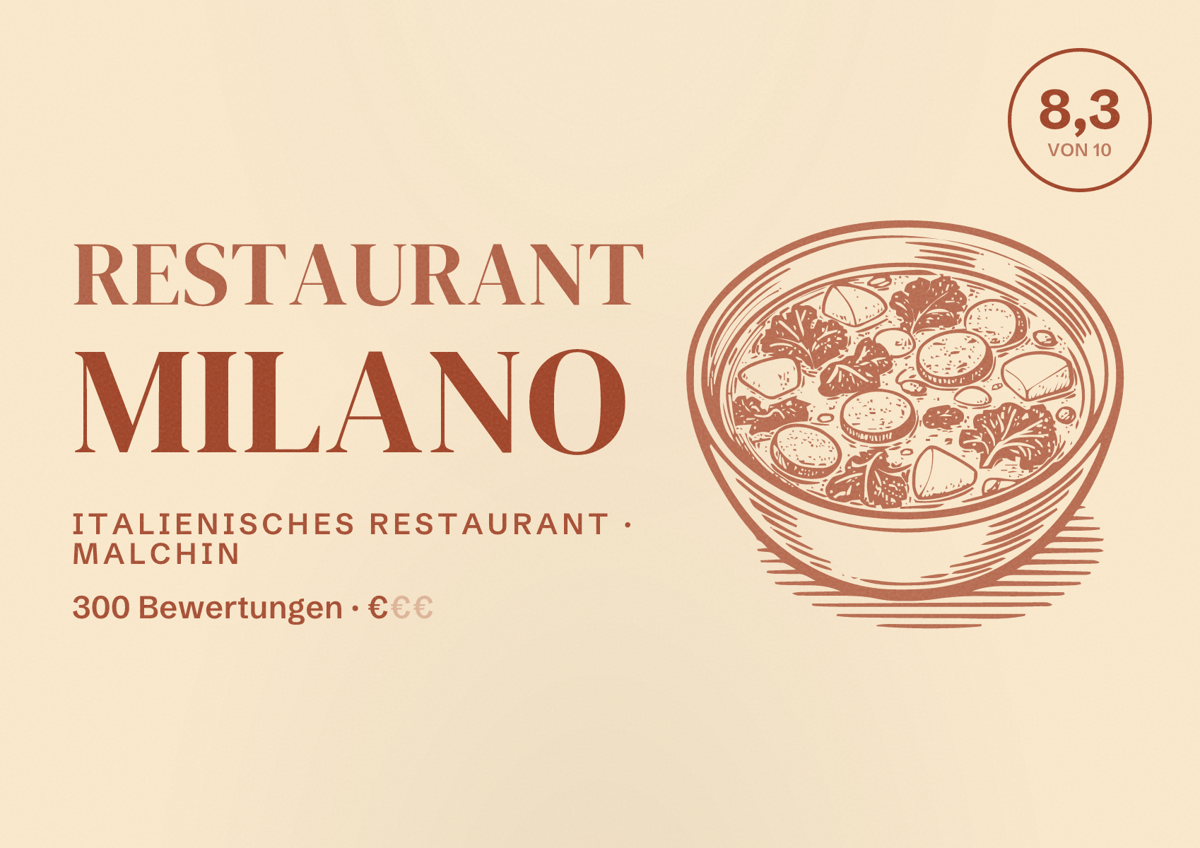 Illustriertes Poster von Restaurant Milano, Italienisches Restaurant in Malchin: Bewertung 8,3 von 10 aus 300 Bewertungen, Preisniveau €