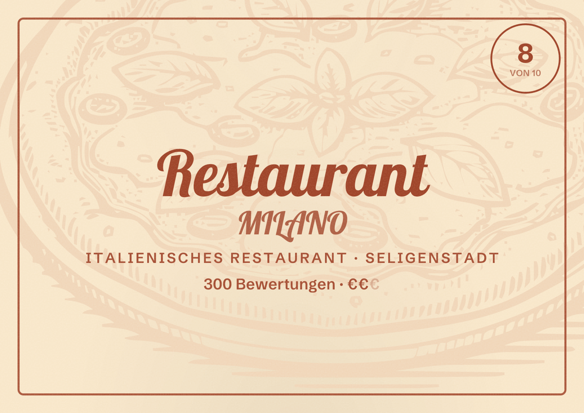 Illustriertes Poster von Restaurant MILANO, Italienisches Restaurant in Seligenstadt: Bewertung 8 von 10 aus 300 Bewertungen, Preisniveau €€