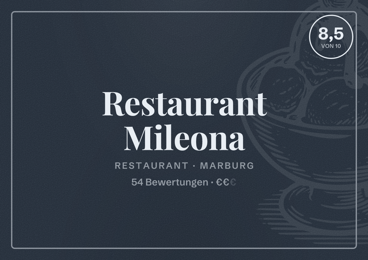 Illustriertes Poster von Restaurant Mileona, Restaurant in Marburg: Bewertung 8,5 von 10 aus 54 Bewertungen, Preisniveau €€