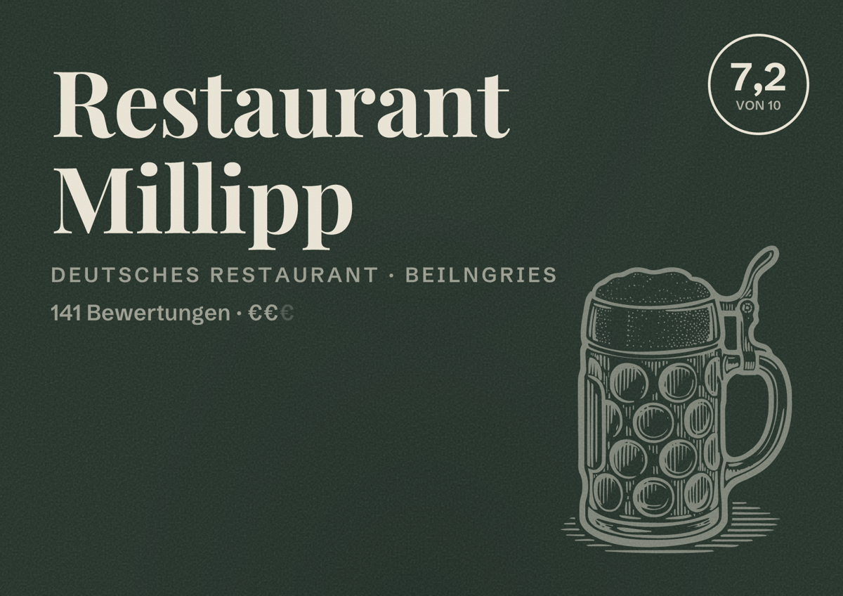 Illustriertes Poster von Restaurant Millipp, Deutsches Restaurant in Beilngries: Bewertung 7,2 von 10 aus 141 Bewertungen, Preisniveau €€