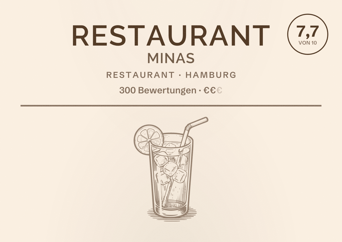 Illustriertes Poster von Restaurant Minas, Restaurant in Hamburg: Bewertung 7,7 von 10 aus 300 Bewertungen, Preisniveau €€