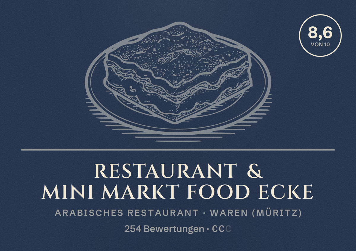 Illustriertes Poster von Restaurant & Mini Markt Food Ecke, Arabisches Restaurant in Waren (Müritz): Bewertung 8,6 von 10 aus 254 Bewertungen, Preisniveau €€