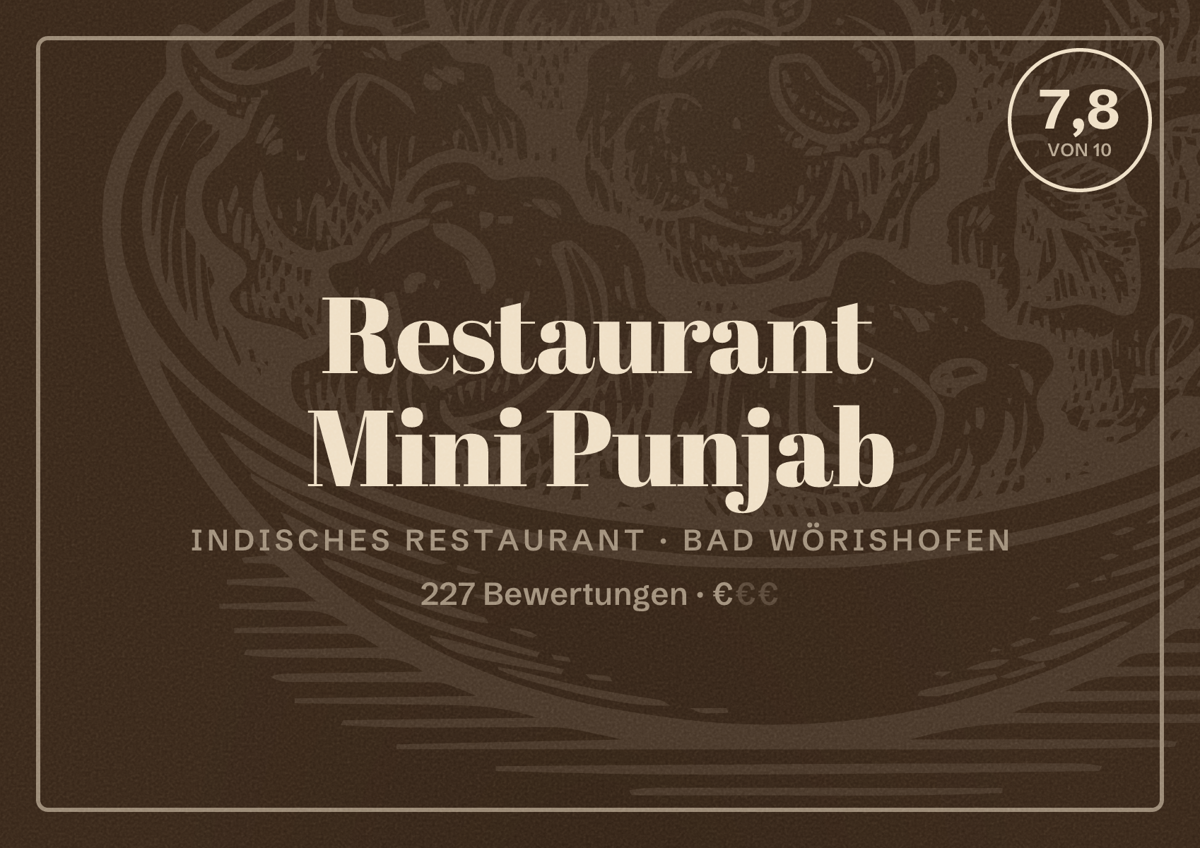 Illustriertes Poster von Restaurant Mini Punjab, Indisches Restaurant in Bad Wörishofen: Bewertung 7,8 von 10 aus 227 Bewertungen, Preisniveau €