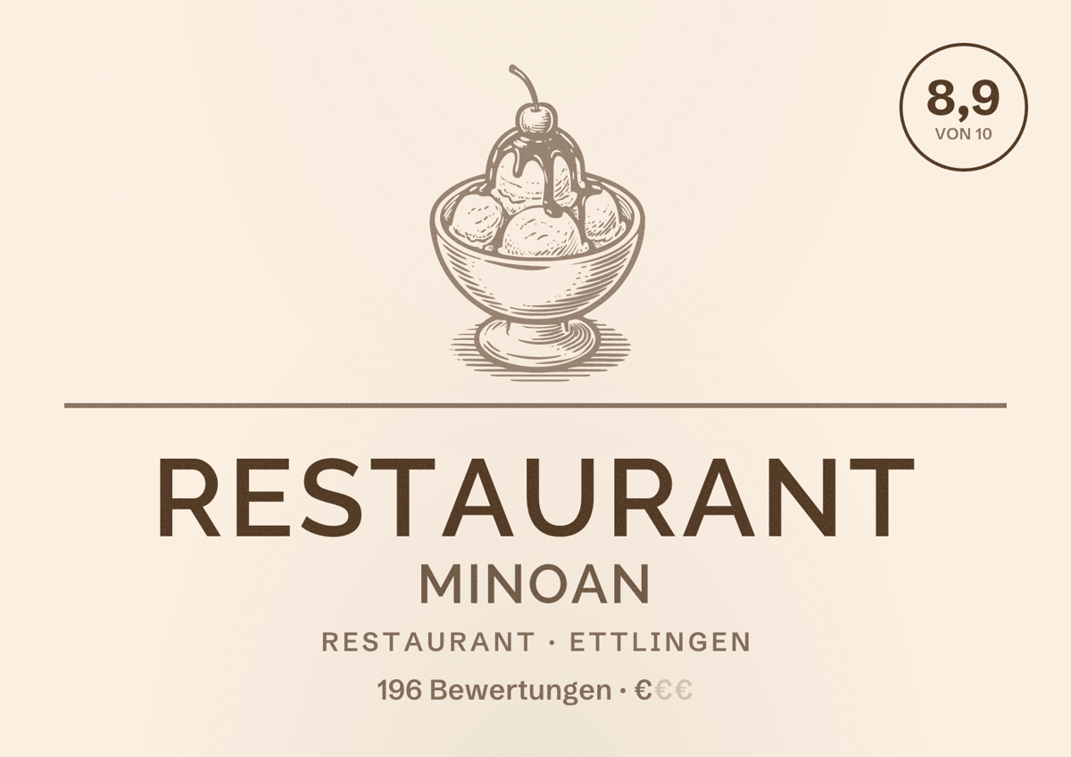 Illustriertes Poster von Restaurant Minoan, Restaurant in Ettlingen: Bewertung 8,9 von 10 aus 196 Bewertungen, Preisniveau €