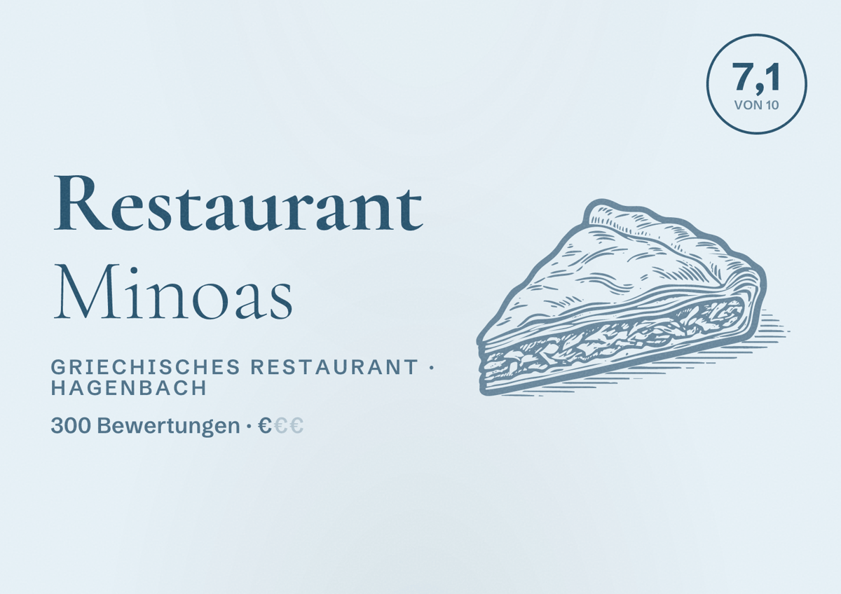 Illustriertes Poster von Restaurant Minoas, Griechisches Restaurant in Hagenbach: Bewertung 7,1 von 10 aus 300 Bewertungen, Preisniveau €