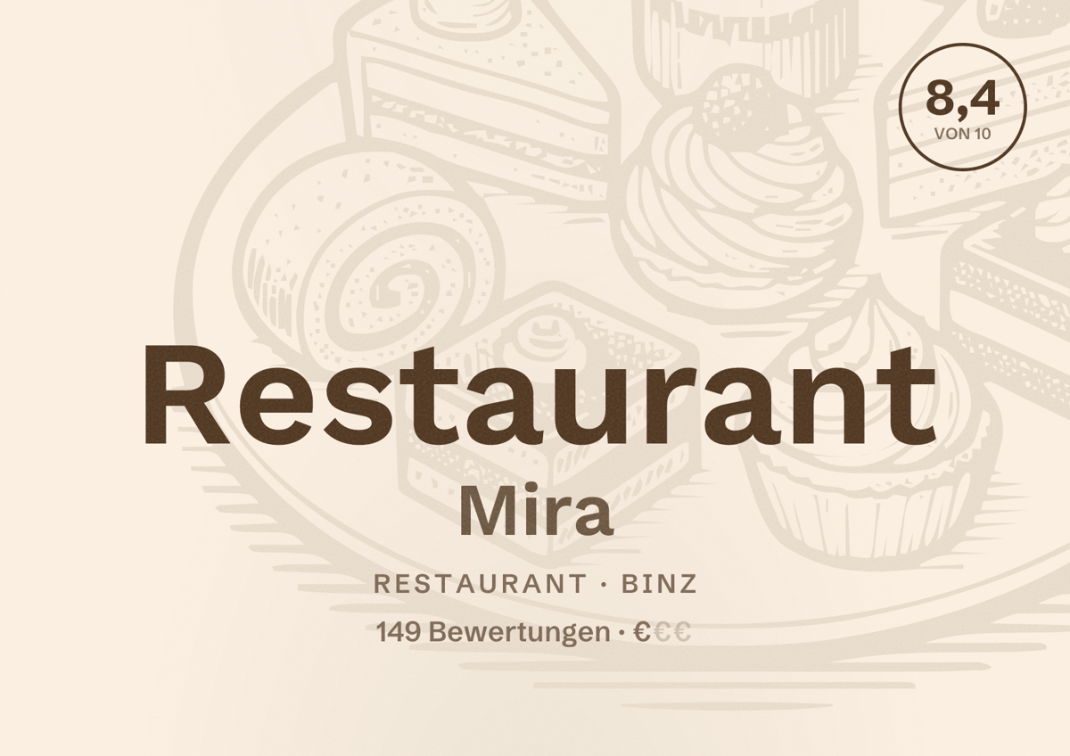 Illustriertes Poster von Restaurant Mira, Restaurant in Binz: Bewertung 8,4 von 10 aus 149 Bewertungen, Preisniveau €