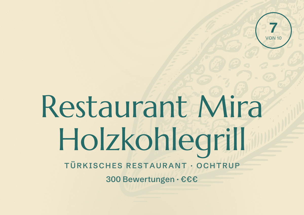 Illustriertes Poster von Restaurant Mira Holzkohlegrill, Türkisches Restaurant in Ochtrup: Bewertung 7 von 10 aus 300 Bewertungen, Preisniveau €€€