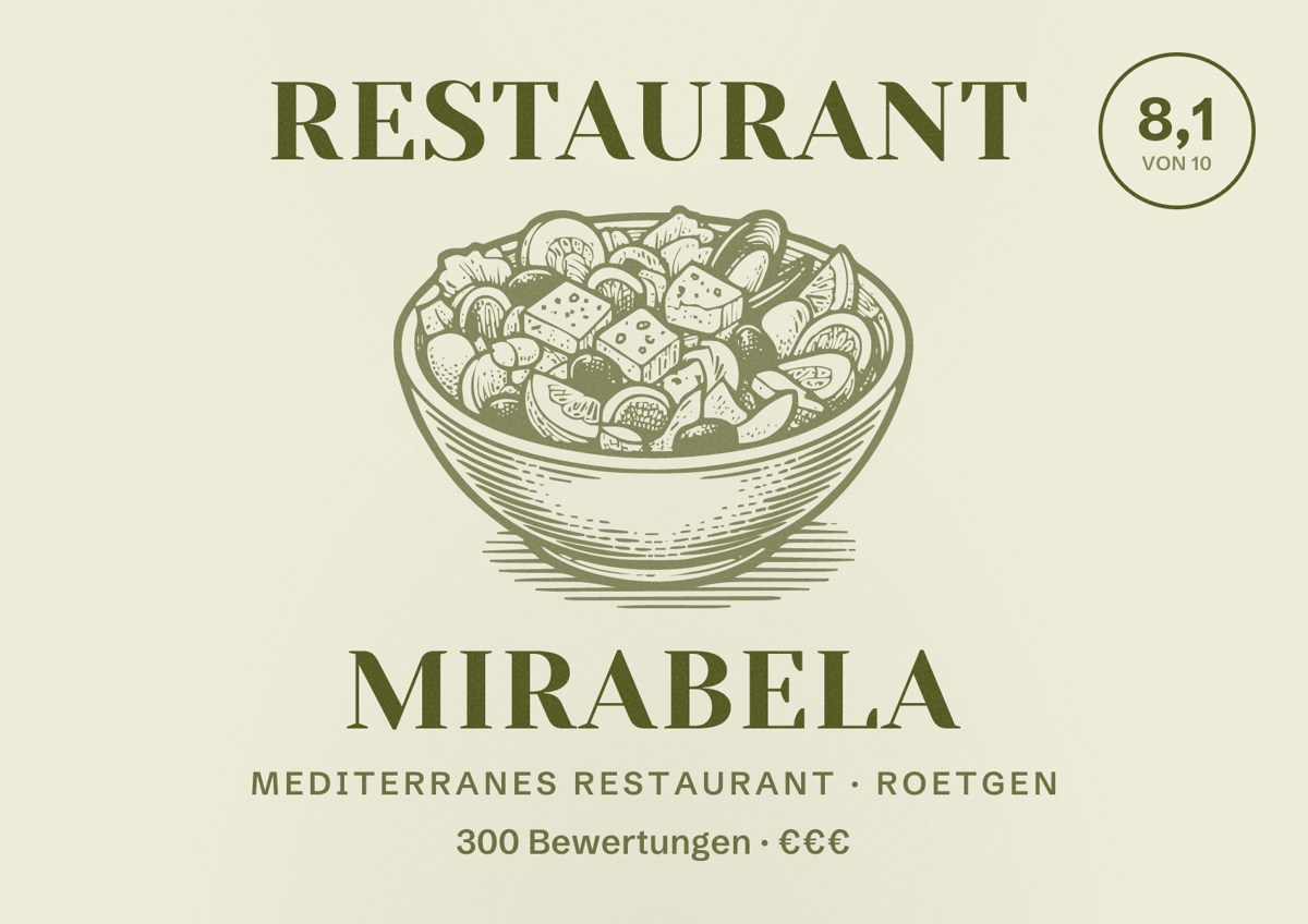 Illustriertes Poster von Restaurant Mirabela, Mediterranes Restaurant in Roetgen: Bewertung 8,1 von 10 aus 300 Bewertungen, Preisniveau €€€