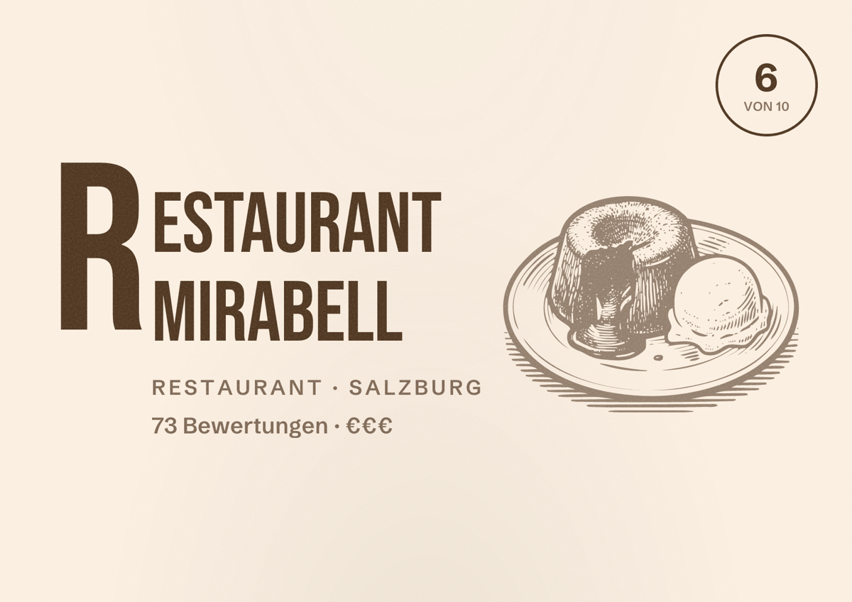Illustriertes Poster von Restaurant Mirabell, Restaurant in Salzburg: Bewertung 6 von 10 aus 73 Bewertungen, Preisniveau €€€