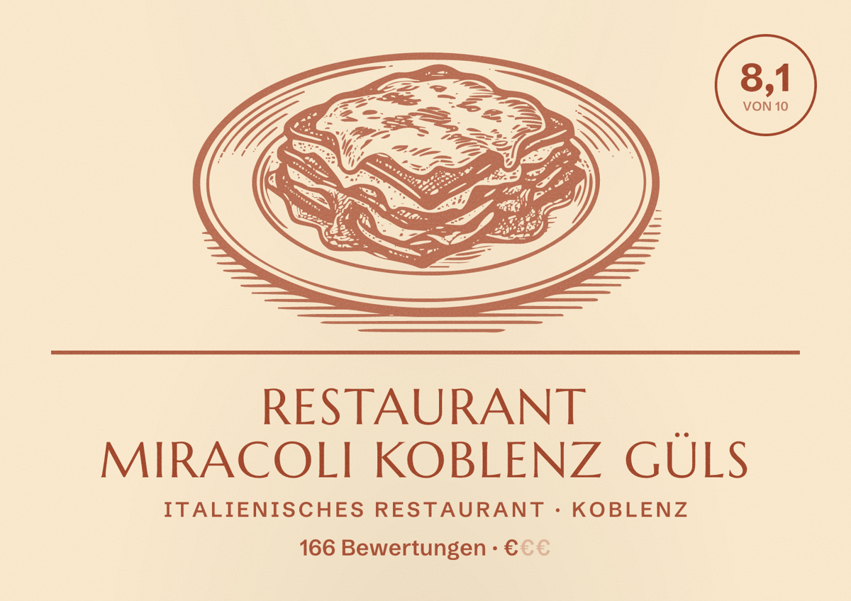Illustriertes Poster von Restaurant Miracoli Koblenz Güls, Italienisches Restaurant in Koblenz: Bewertung 8,1 von 10 aus 166 Bewertungen, Preisniveau €