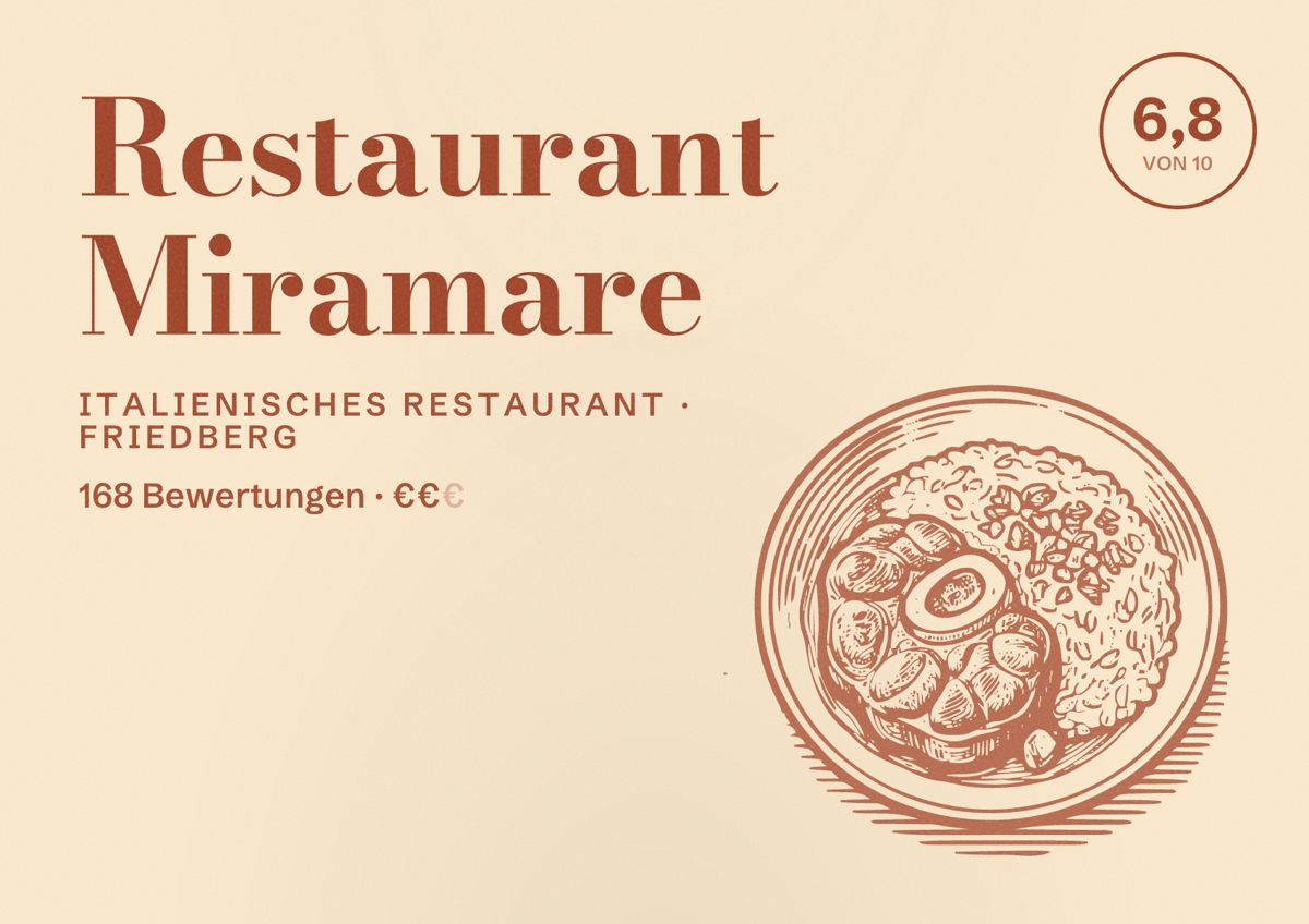 Illustriertes Poster von Restaurant Miramare, Italienisches Restaurant in Friedberg: Bewertung 6,8 von 10 aus 168 Bewertungen, Preisniveau €€