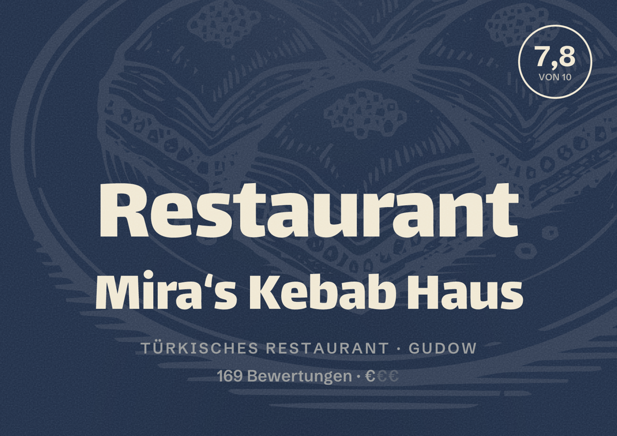 Illustriertes Poster von Restaurant Mira‘s Kebab Haus, Türkisches Restaurant in Gudow: Bewertung 7,8 von 10 aus 169 Bewertungen, Preisniveau €
