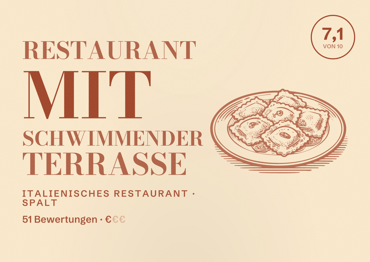 Illustriertes Poster von Restaurant mit schwimmender Terrasse, Italienisches Restaurant in Spalt: Bewertung 7,1 von 10 aus 51 Bewertungen, Preisniveau €