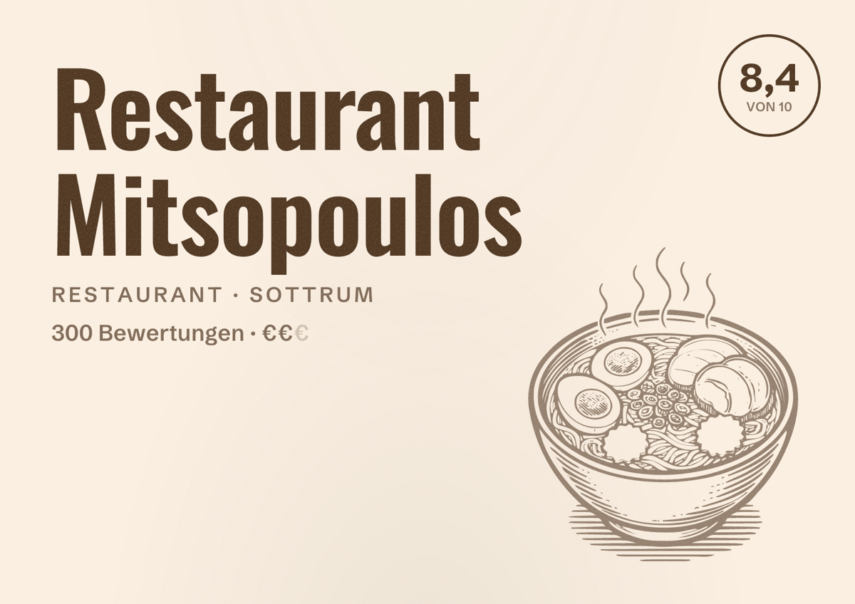 Illustriertes Poster von Restaurant Mitsopoulos, Restaurant in Sottrum: Bewertung 8,4 von 10 aus 300 Bewertungen, Preisniveau €€
