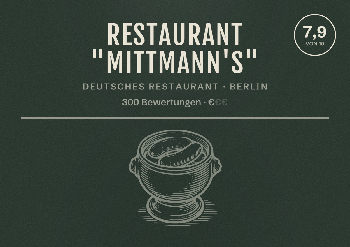 Illustriertes Poster von Restaurant "Mittmann's", Deutsches Restaurant in Berlin: Bewertung 7,9 von 10 aus 300 Bewertungen, Preisniveau €
