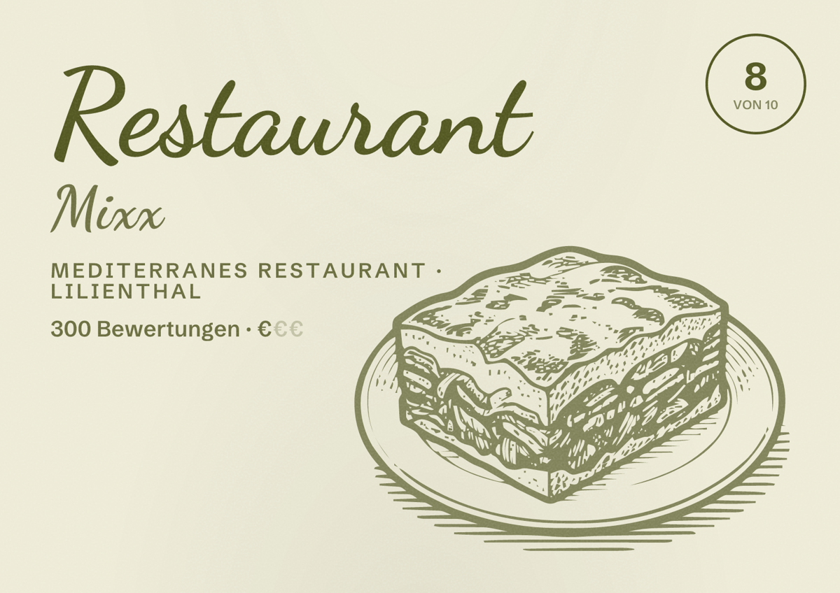 Illustriertes Poster von Restaurant Mixx, Mediterranes Restaurant in Lilienthal: Bewertung 8 von 10 aus 300 Bewertungen, Preisniveau €