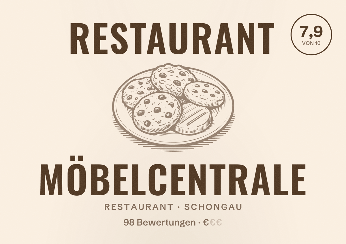Illustriertes Poster von Restaurant Möbelcentrale, Restaurant in Schongau: Bewertung 7,9 von 10 aus 98 Bewertungen, Preisniveau €