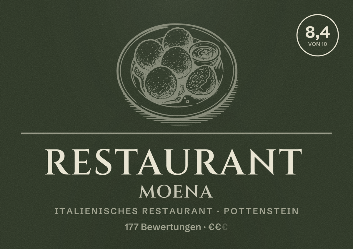 Illustriertes Poster von Restaurant Moena, Italienisches Restaurant in Pottenstein: Bewertung 8,4 von 10 aus 177 Bewertungen, Preisniveau €€