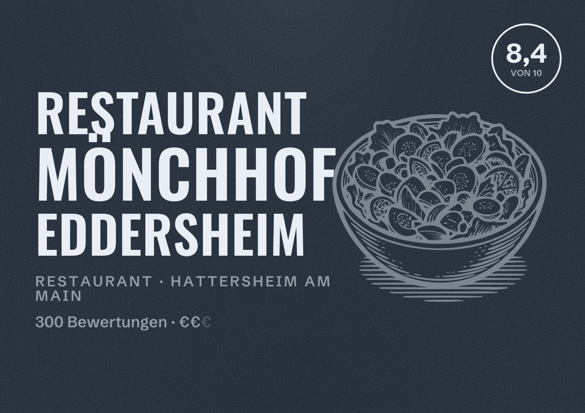 Illustriertes Poster von Restaurant Mönchhof Eddersheim, Restaurant in Hattersheim am Main: Bewertung 8,4 von 10 aus 300 Bewertungen, Preisniveau €€