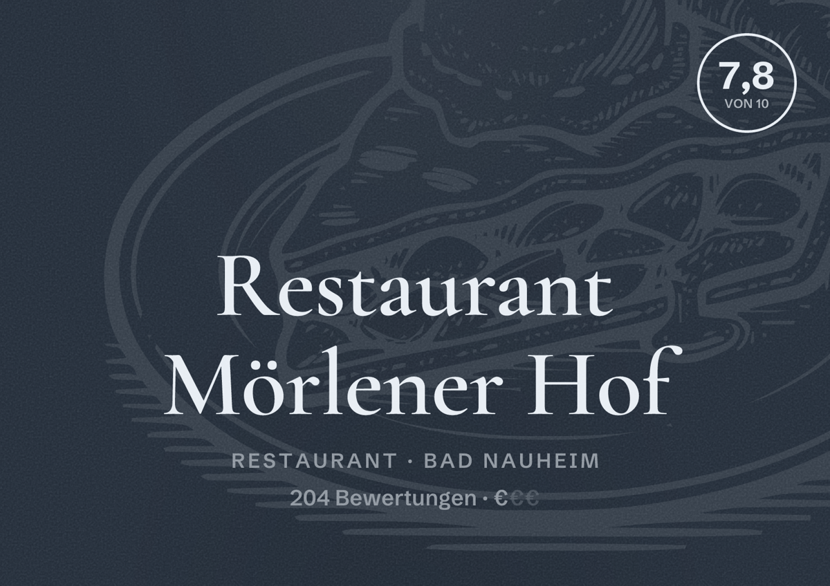 Illustriertes Poster von Restaurant Mörlener Hof, Restaurant in Bad Nauheim: Bewertung 7,8 von 10 aus 204 Bewertungen, Preisniveau €