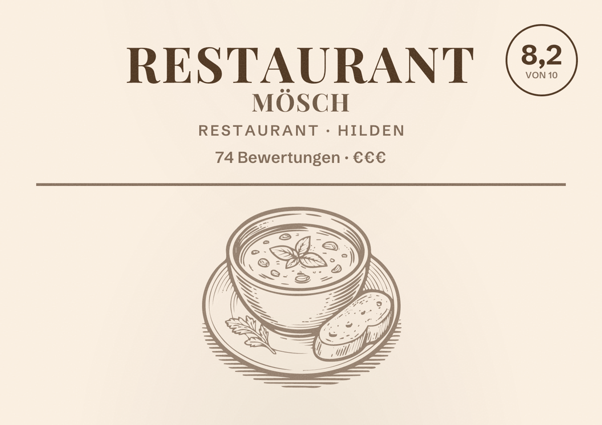Illustriertes Poster von Restaurant Mösch, Restaurant in Hilden: Bewertung 8,2 von 10 aus 74 Bewertungen, Preisniveau €€€