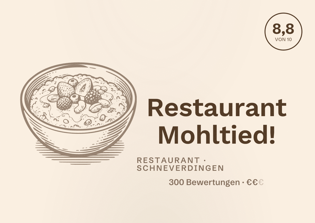 Illustriertes Poster von Restaurant Mohltied!, Restaurant in Schneverdingen: Bewertung 8,8 von 10 aus 300 Bewertungen, Preisniveau €€