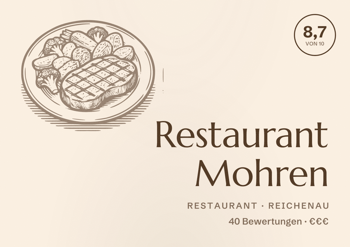 Illustriertes Poster von Restaurant Mohren, Restaurant in Reichenau: Bewertung 8,7 von 10 aus 40 Bewertungen, Preisniveau €€€
