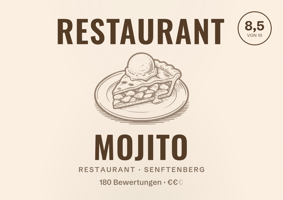 Illustriertes Poster von Restaurant Mojito, Restaurant in Senftenberg: Bewertung 8,5 von 10 aus 180 Bewertungen, Preisniveau €€