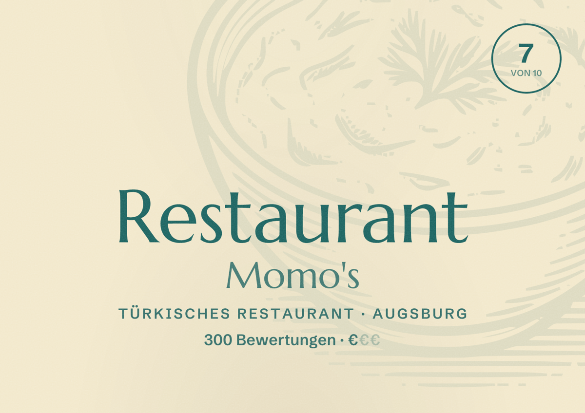 Illustriertes Poster von Restaurant Momo's, Türkisches Restaurant in Augsburg: Bewertung 7,0 von 10 aus 300 Bewertungen, Preisniveau €