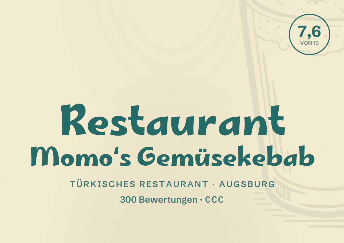 Illustriertes Poster von Restaurant Momo‘s Gemüsekebab, Türkisches Restaurant in Augsburg: Bewertung 7,6 von 10 aus 300 Bewertungen, Preisniveau €€€