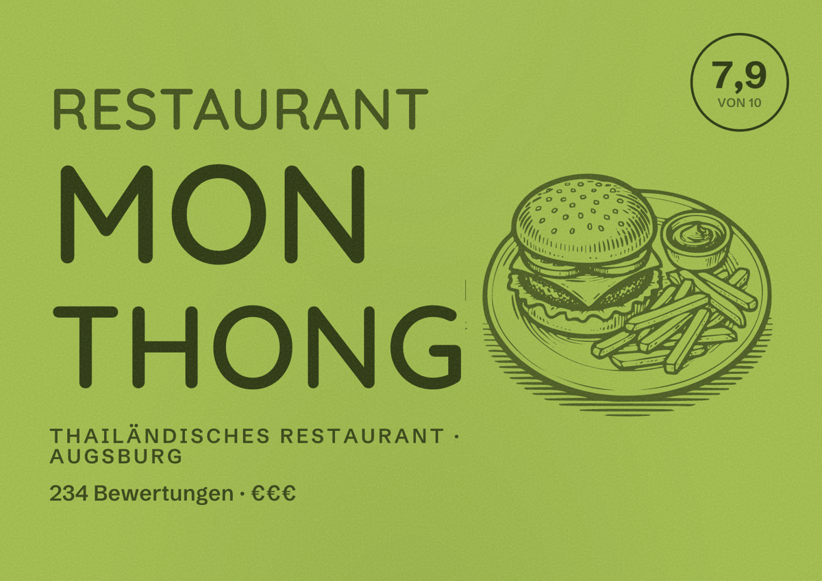 Illustriertes Poster von Restaurant Mon Thong, Thailändisches Restaurant in Augsburg: Bewertung 7,9 von 10 aus 234 Bewertungen, Preisniveau €€€