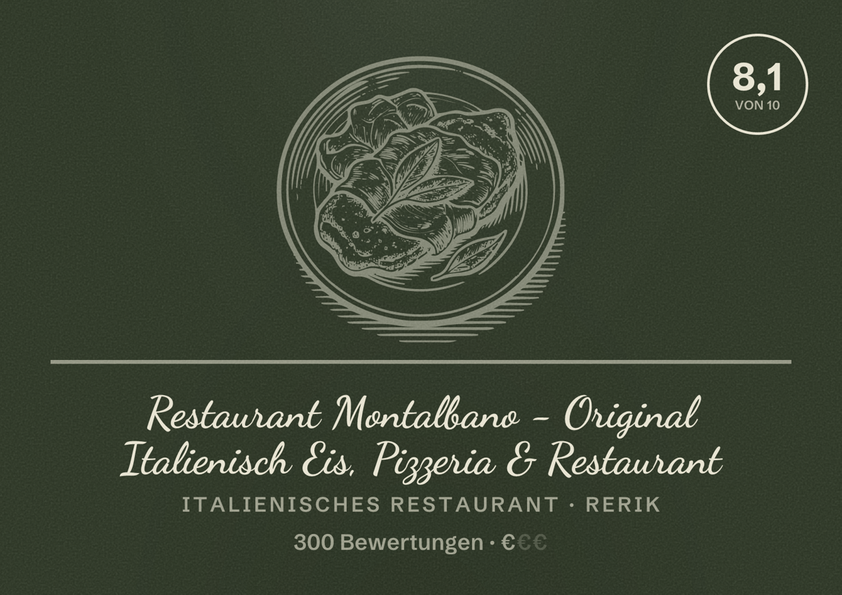 Illustriertes Poster von Restaurant Montalbano - Original Italienisch Eis, Pizzeria & Restaurant, Italienisches Restaurant in Rerik: Bewertung 8,1 von 10 aus 300 Bewertungen, Preisniveau €