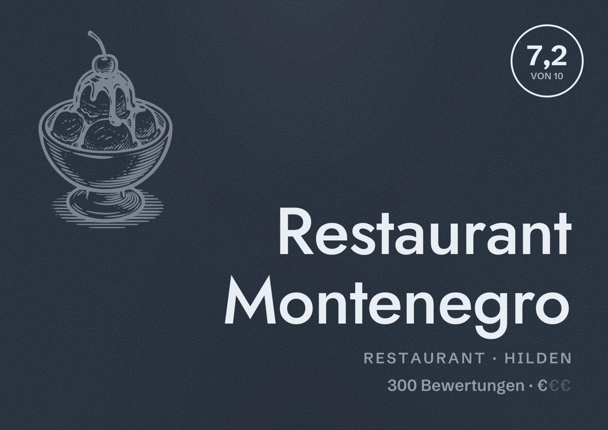 Illustriertes Poster von Restaurant Montenegro, Restaurant in Hilden: Bewertung 7,2 von 10 aus 300 Bewertungen, Preisniveau €