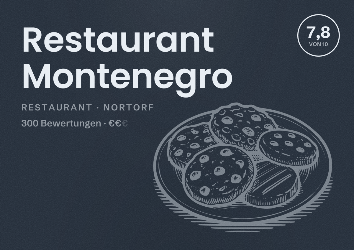 Illustriertes Poster von Restaurant Montenegro, Restaurant in Nortorf: Bewertung 7,8 von 10 aus 300 Bewertungen, Preisniveau €€