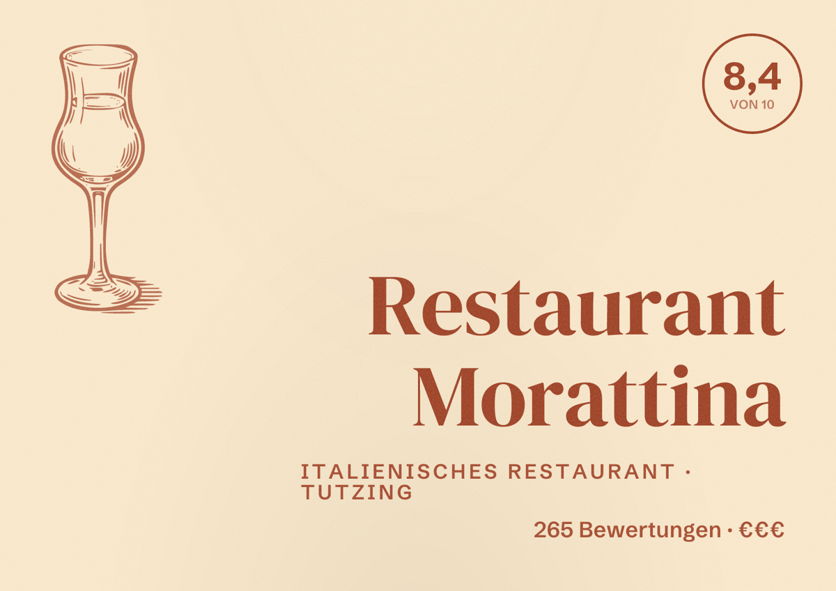 Illustriertes Poster von Restaurant Morattina, Italienisches Restaurant in Tutzing: Bewertung 8,4 von 10 aus 265 Bewertungen, Preisniveau €€€