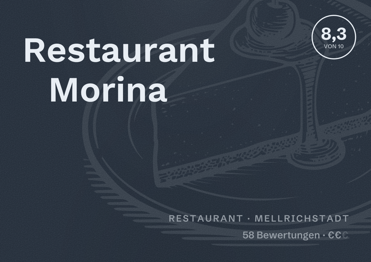 Illustriertes Poster von Restaurant Morina, Restaurant in Mellrichstadt: Bewertung 8,3 von 10 aus 58 Bewertungen, Preisniveau €€